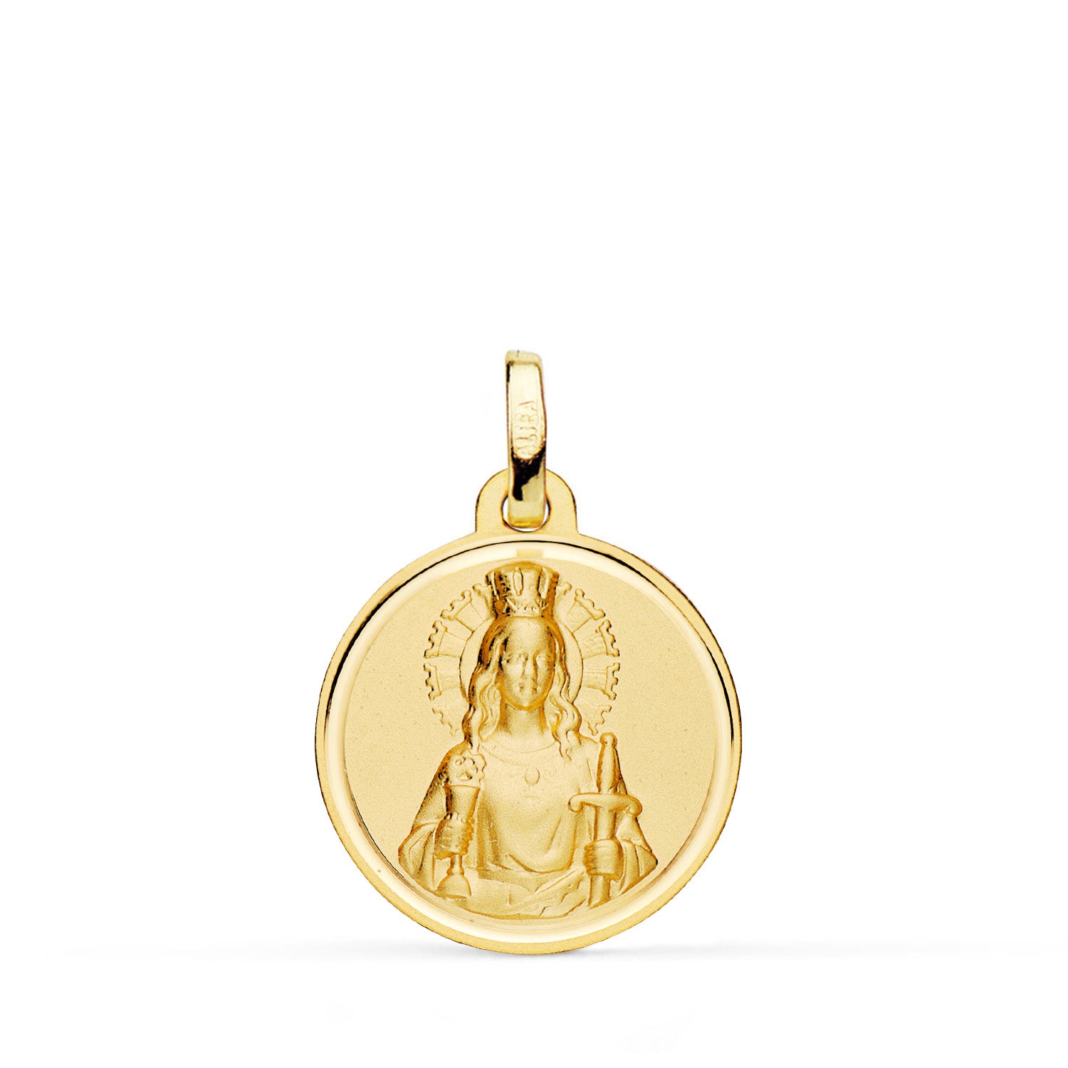 18K Yellow Gold Saint Barbara Medal Beveled and Matte. 18mm