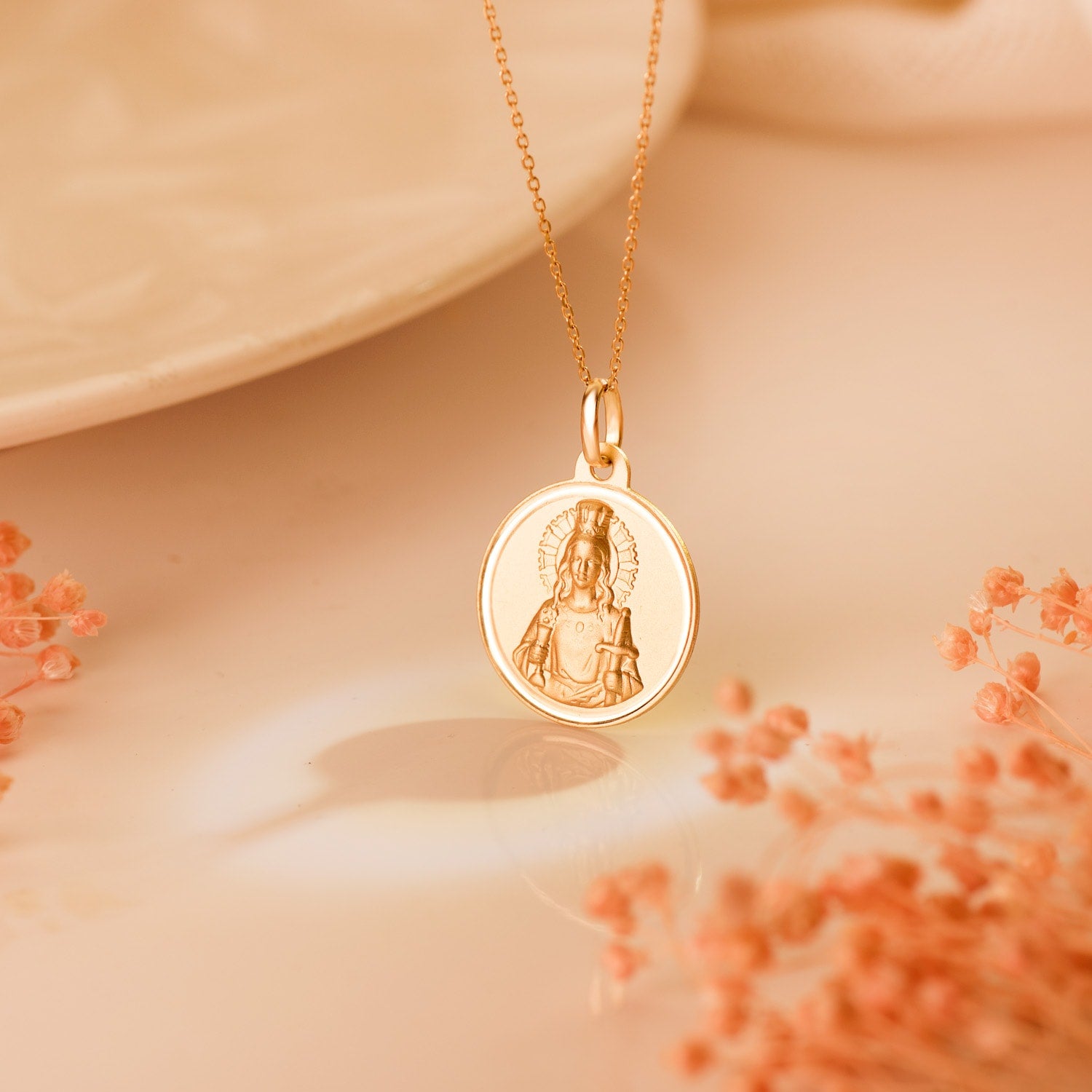 18K Yellow Gold Saint Barbara Medal Beveled and Matte. 18mm