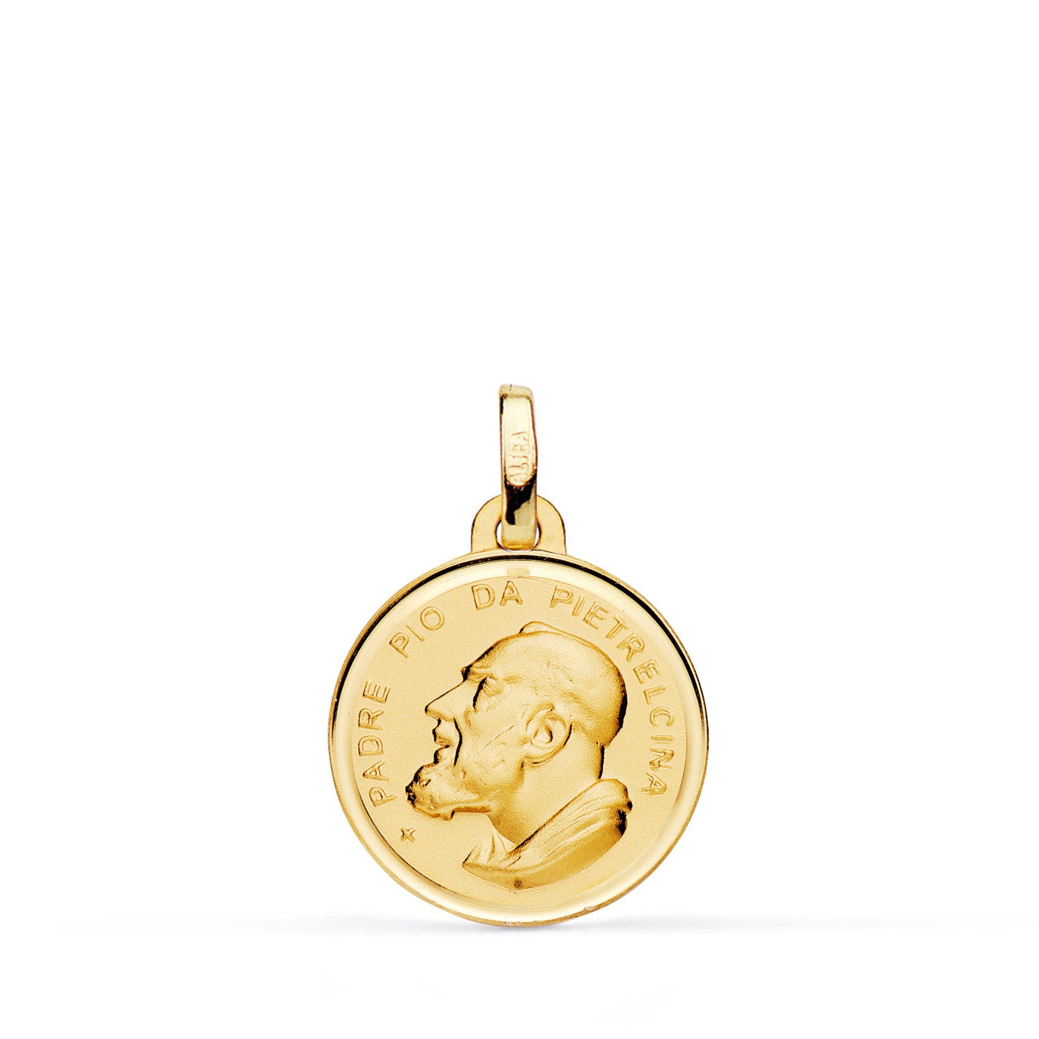 Medalla Padre Pío de Oro Amarillo de 18K con Bisel y Material. Dimensiones: 16mm