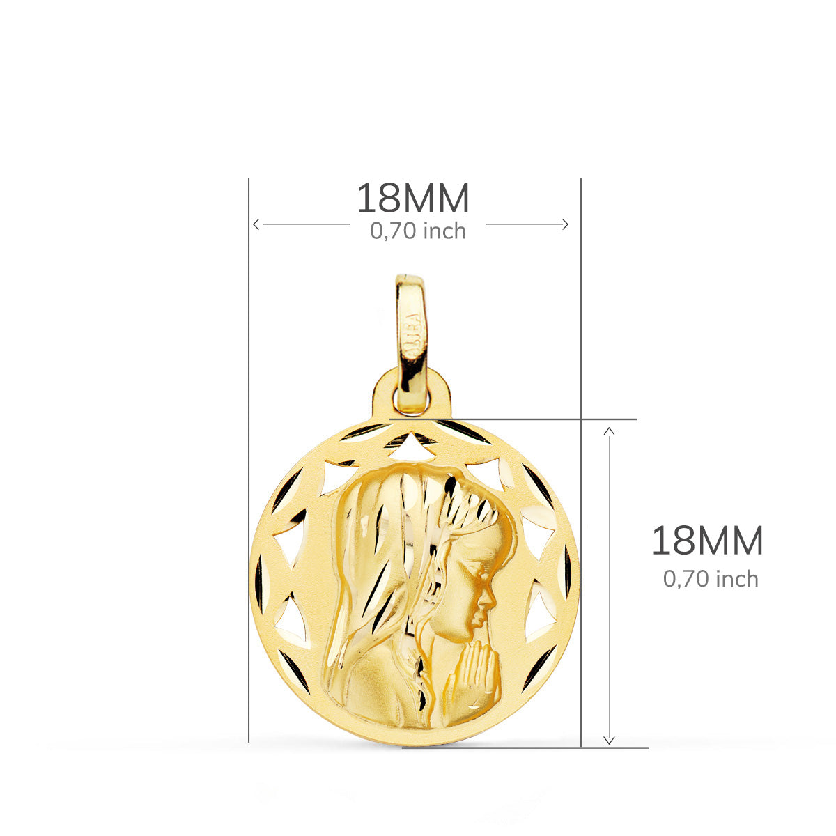 18K Médaille Ajourée Vierge en Or Jaune 18MM