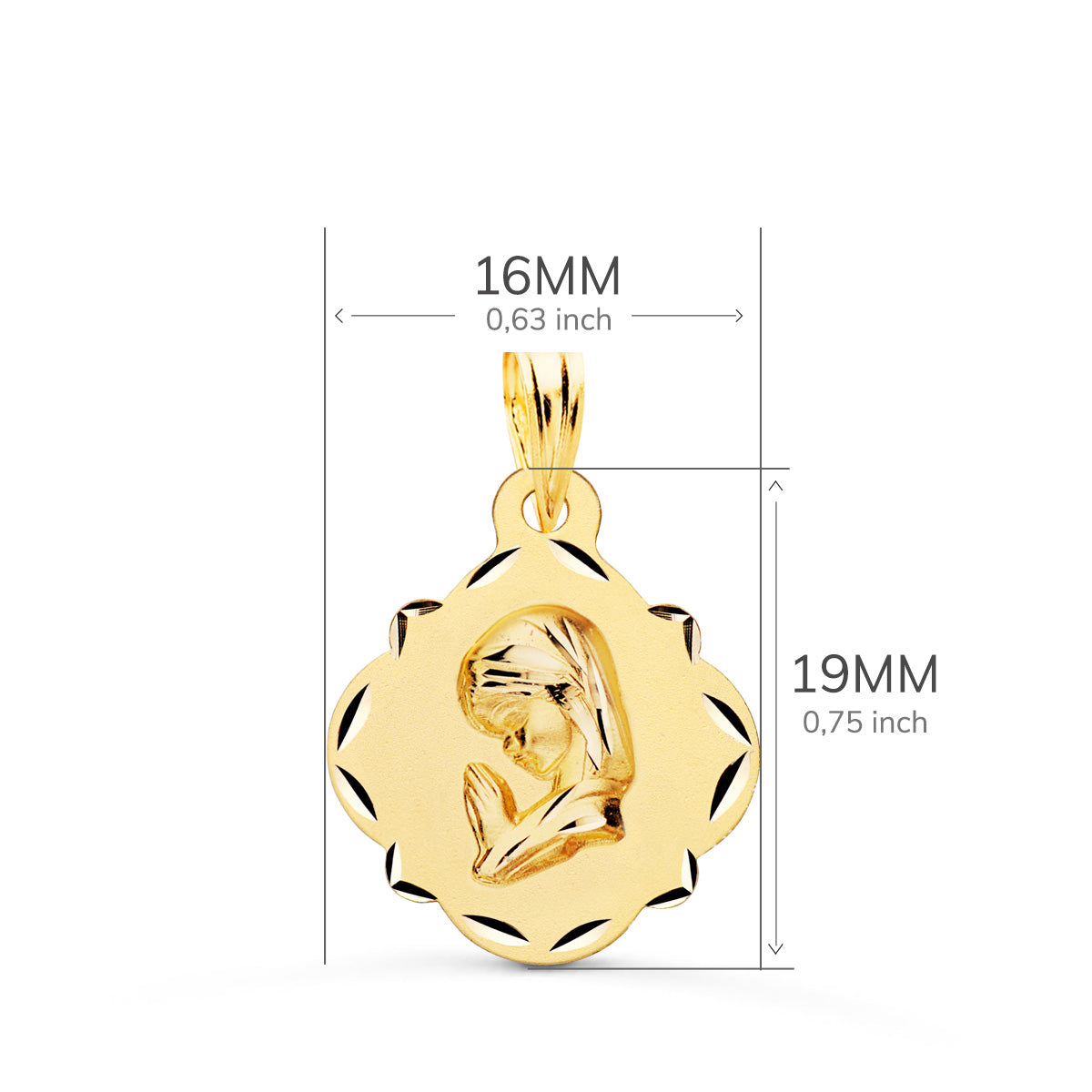 18K Médaille Facettée Vierge en Or Jaune 19X16MM
