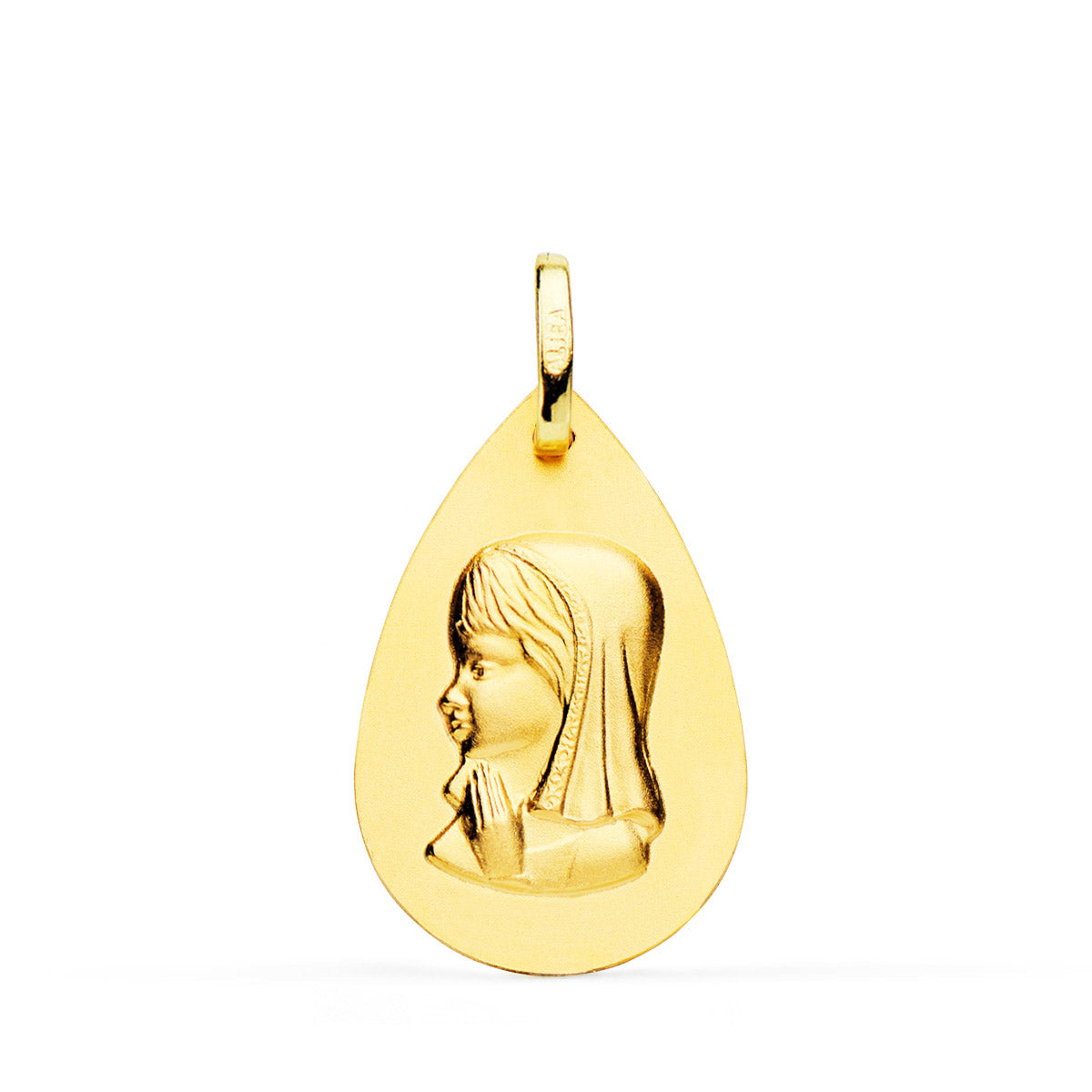 18K Gul Guld Medal Virgin Girl Glat Drop 23X15 mm