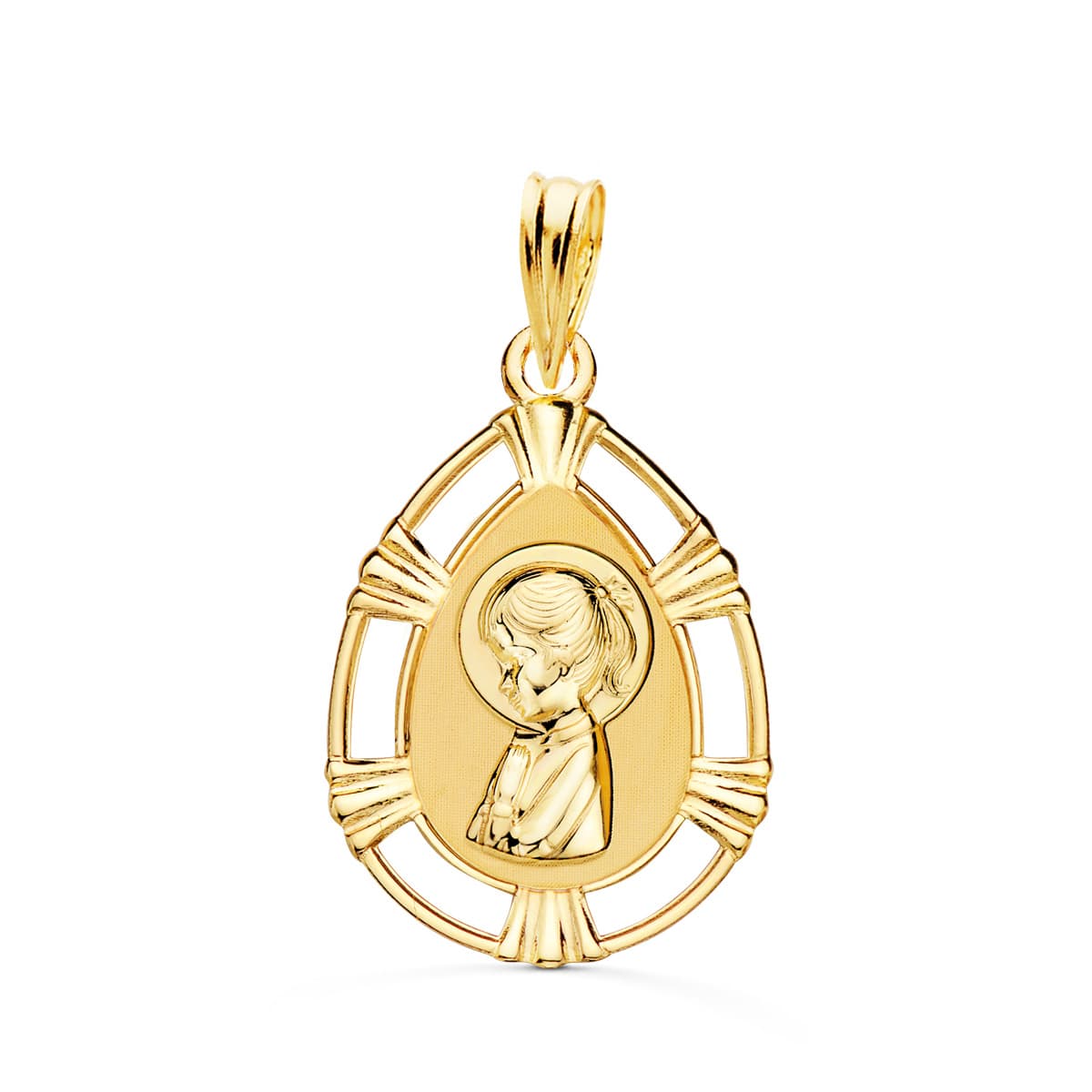 Médaillon en Or Jaune 18K Vierge avec Bordure Ajourée Brillante Forme Goutte 23X15 mm