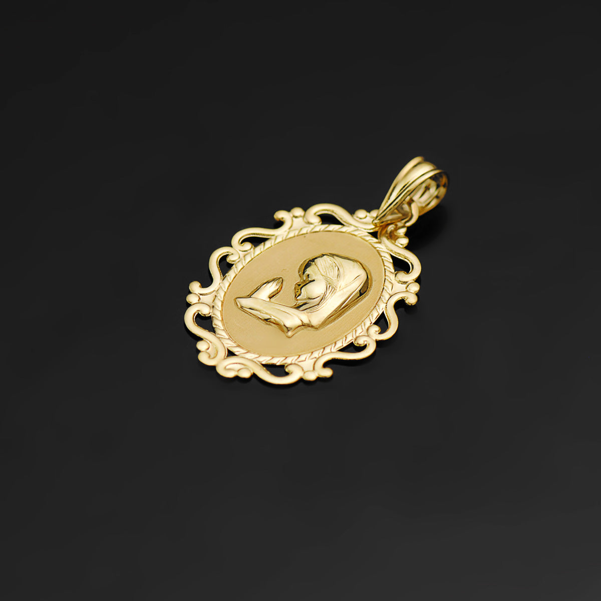 18K Médaille Vierge Bord Filigrane en Or Jaune 23X16 mm