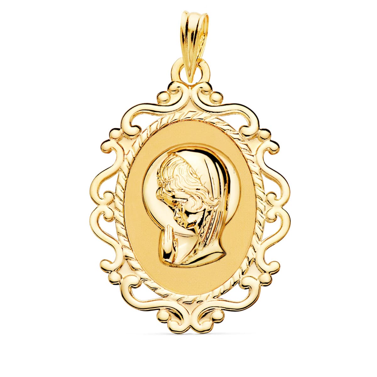 18K Médaille Vierge Bord Filigrane en Or Jaune 31X21MM