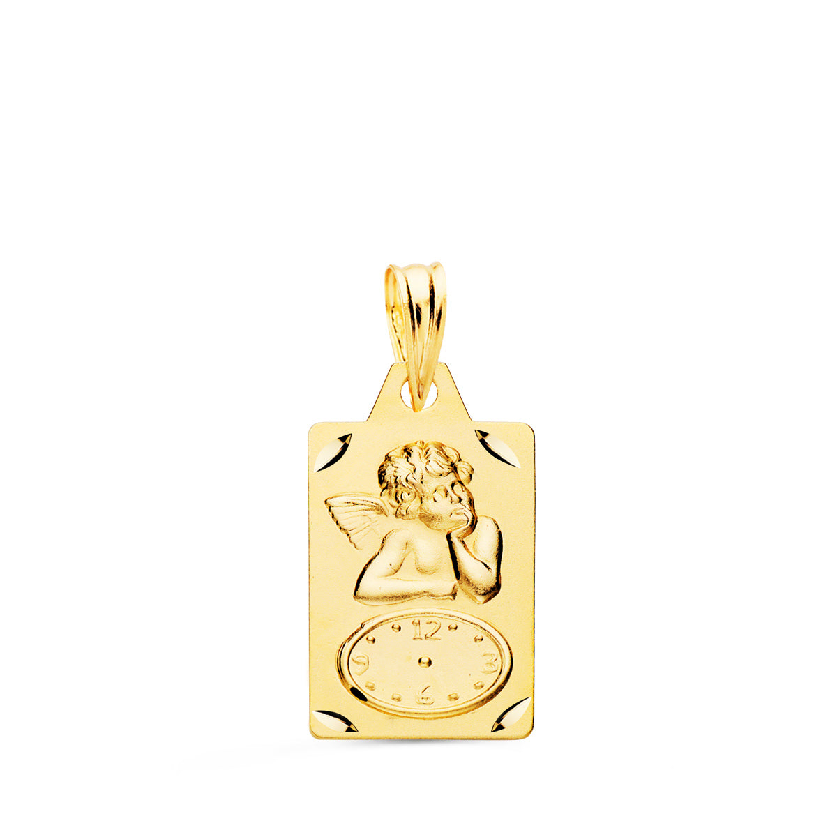 Médaille en Or Jaune 18K Rectangle Moqueur Ange avec Montre Ciselée 19X11 mm