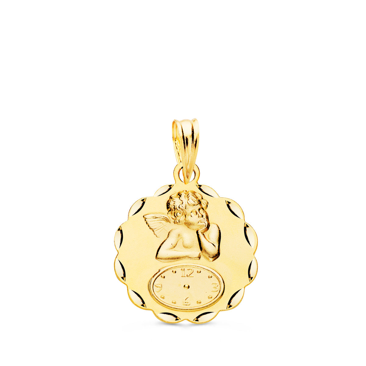 Médaille Ange Moqueur Ronde en Or Jaune 18K avec Montre Ciselée 16 mm