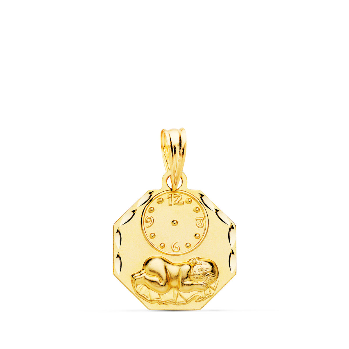 Médaille en Or Jaune 18K Octogonale Enfant de Lheure avec Horloge Sculptée 15X15 mm