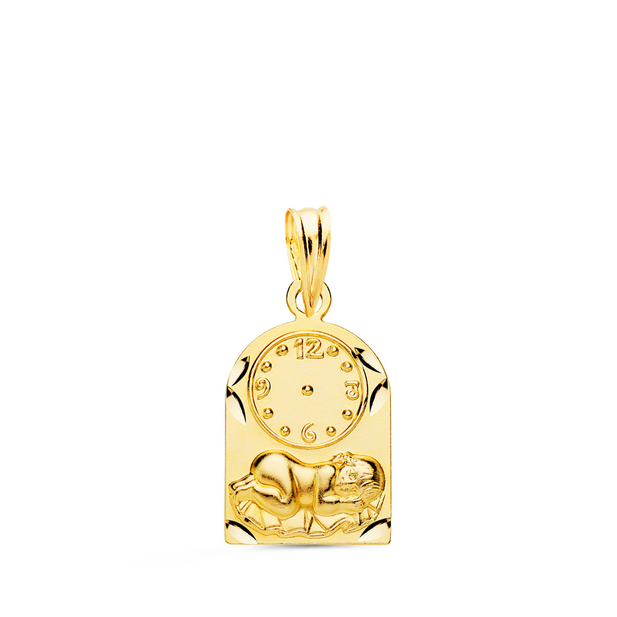Médaille en Or Jaune 18K Arc Enfant de Lheure avec Montre Ciselée 18X11 mm