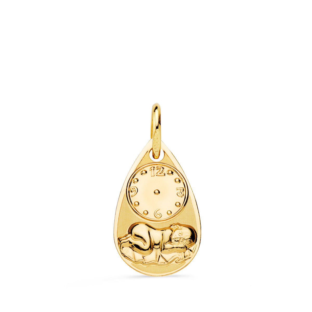 18K Médaille Goutte Enfant avec Horloge 19X11 mm