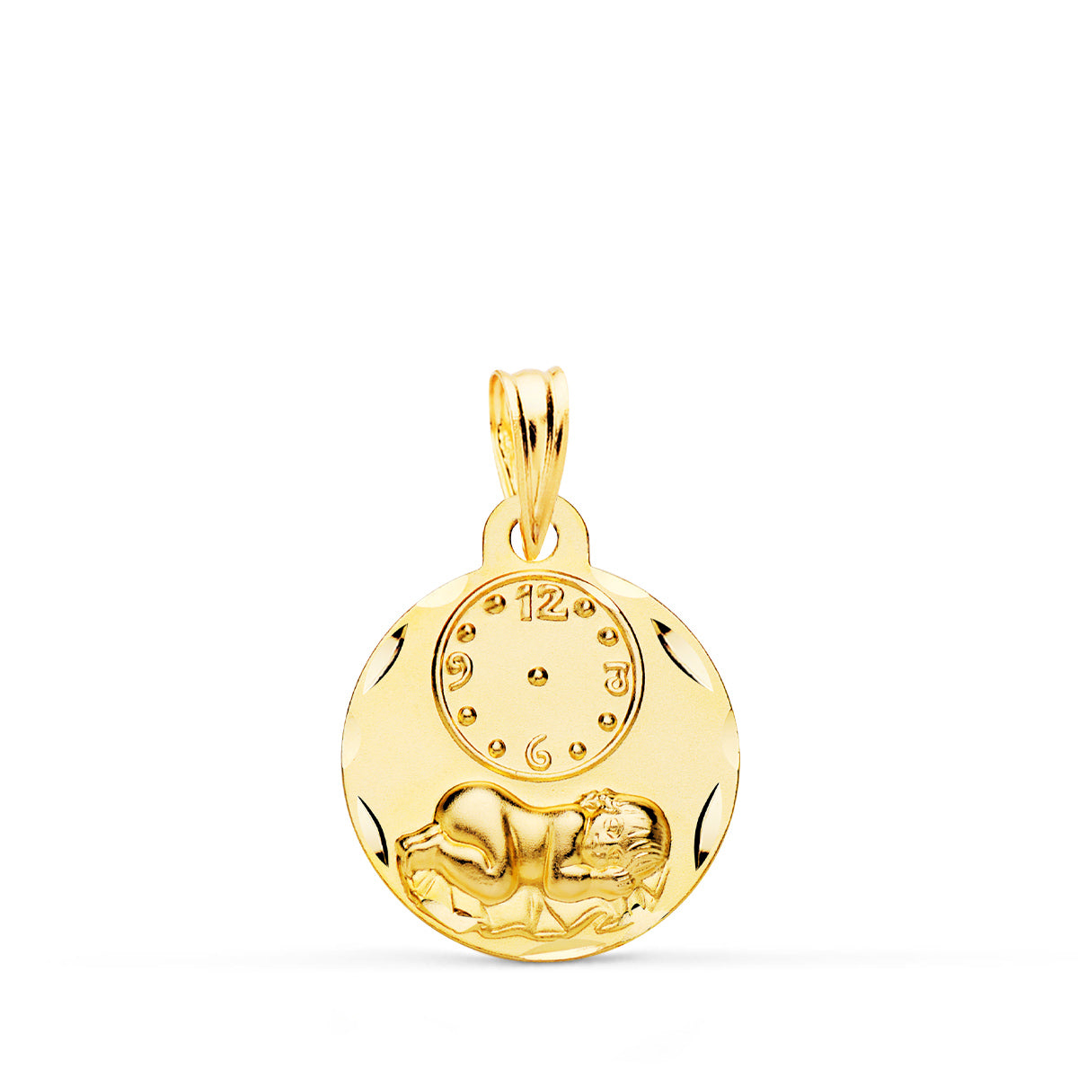 Médaille Ronde de Lenfant de Lheure en Or Jaune 18K avec Horloge Sculptée 15 mm