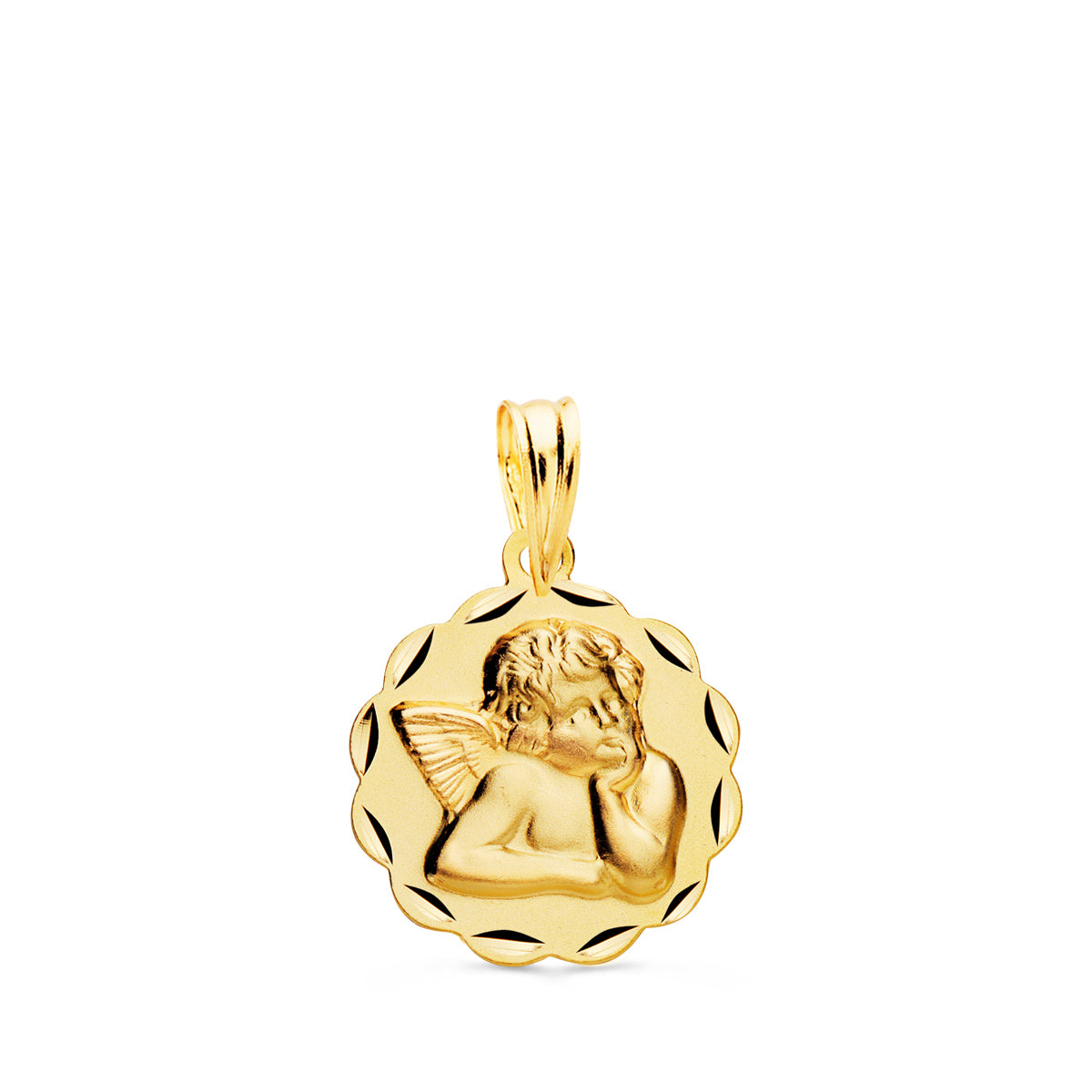Médaille en Or Jaune 18K Ange Moqueur Noeuds Sculptés 14MM
