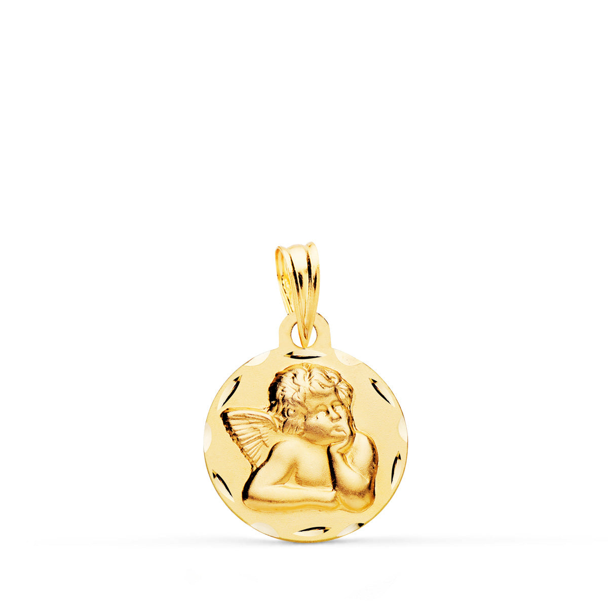 Médaille Ange Moqueur Rond en Or Jaune 18K Sculpté 14 mm