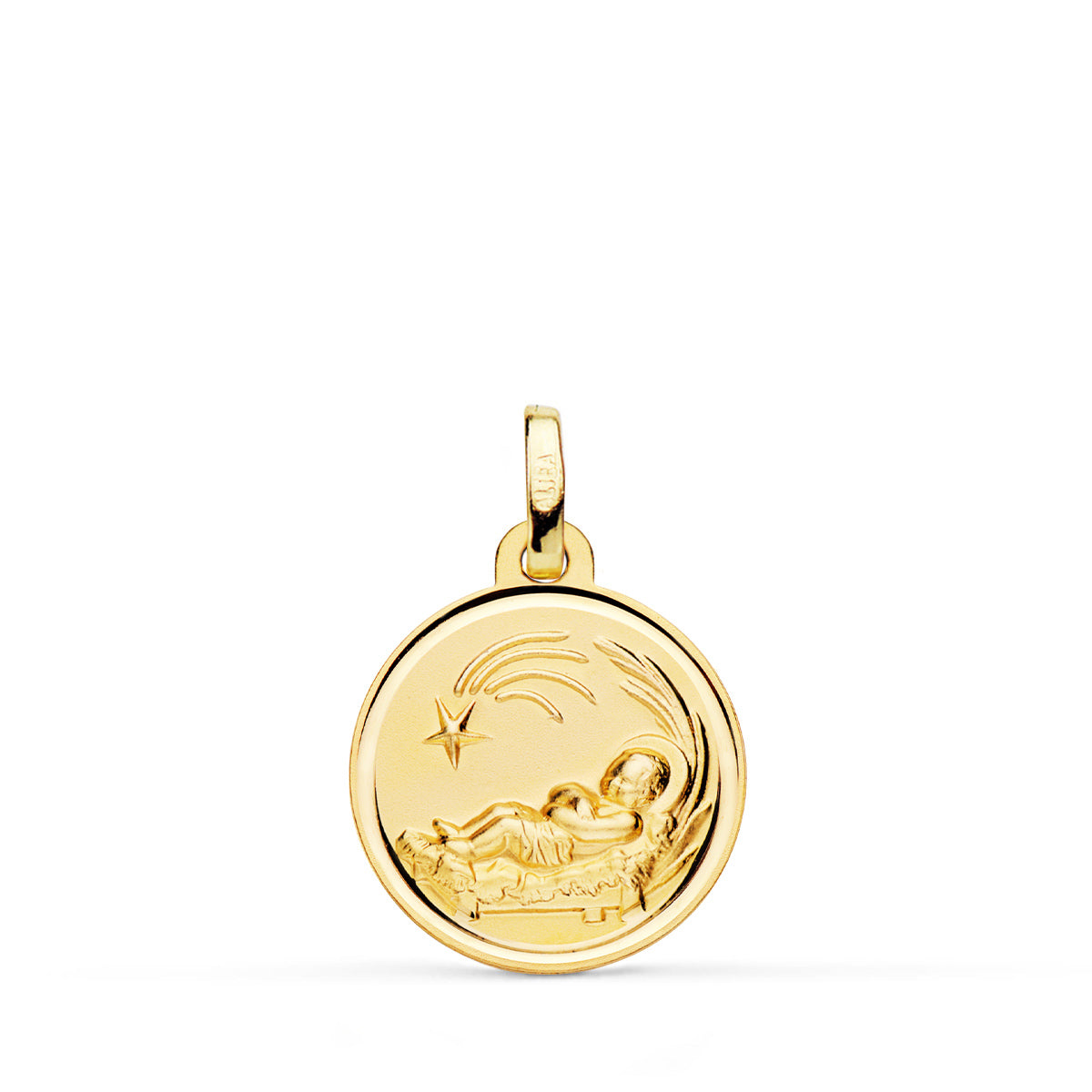 18K Médaille Or Jaune Enfant Jésus Dans la Crêche 16 mm