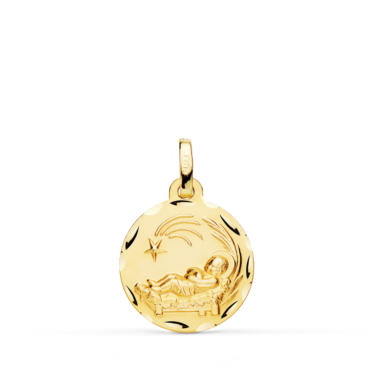 18K Médaille Or Jaune Enfant Jésus Dans la Crêche 16 mm