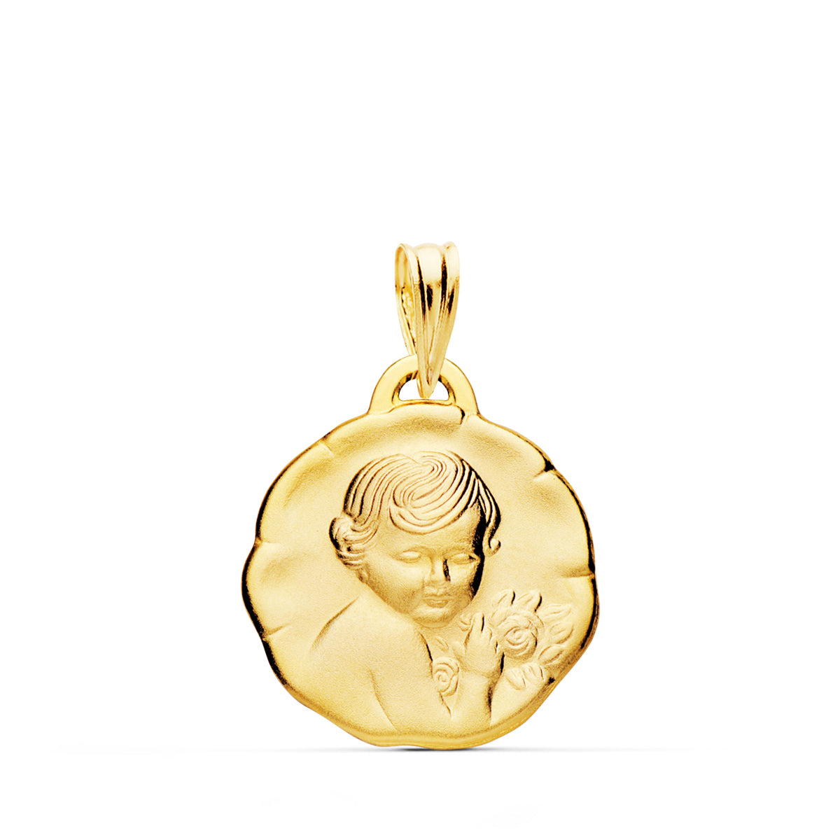 Médaille Ange Enfant Fleur en Or Jaune 18K 17 mm