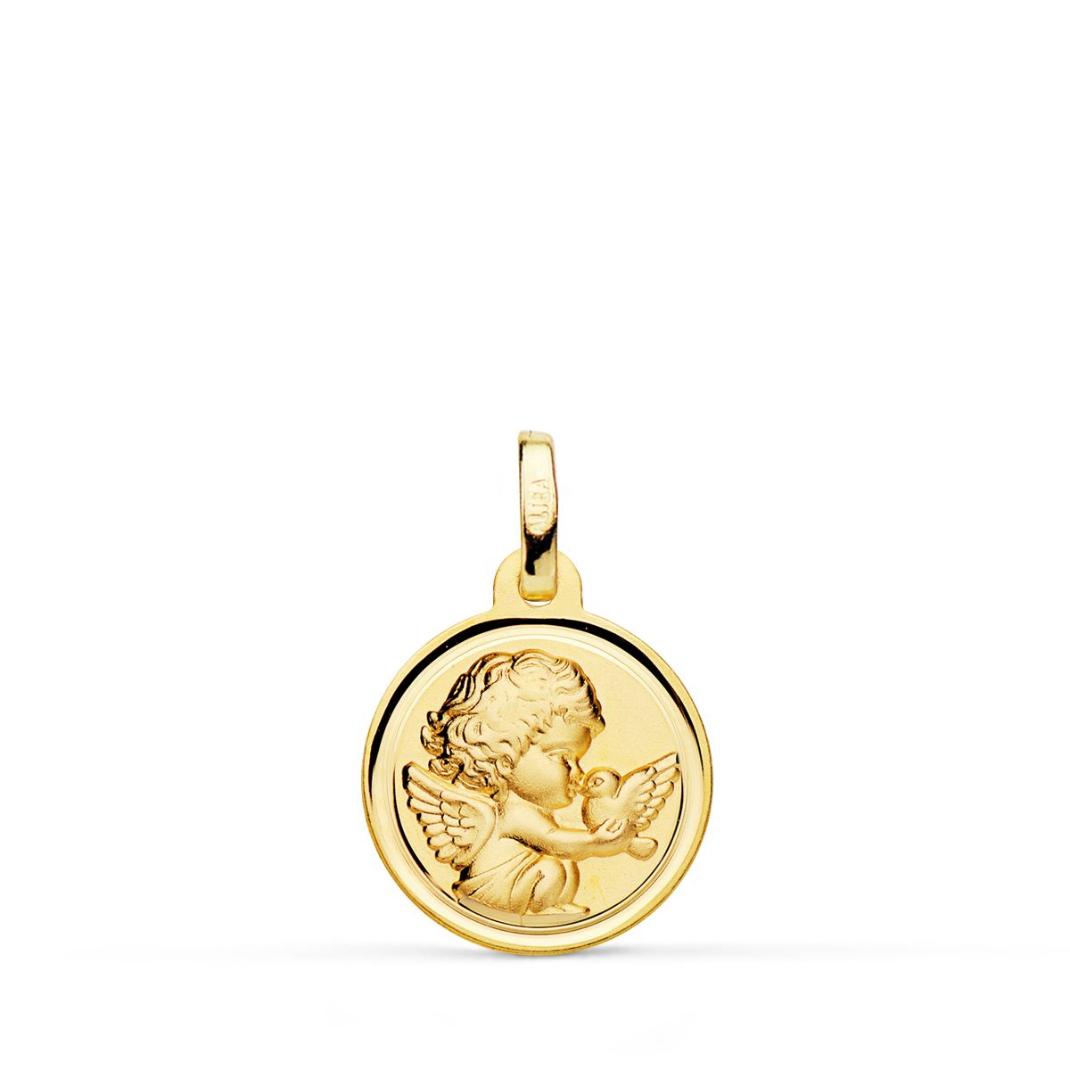 Médaille en Or Jaune 18K Enfant Ange Mockingjay avec Lunette Oiseau 14MM