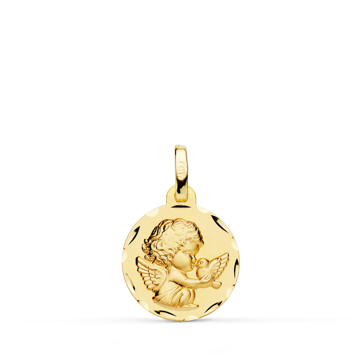Médaille en Or Jaune 18K Ange Moqueur et Colombe 14 mm