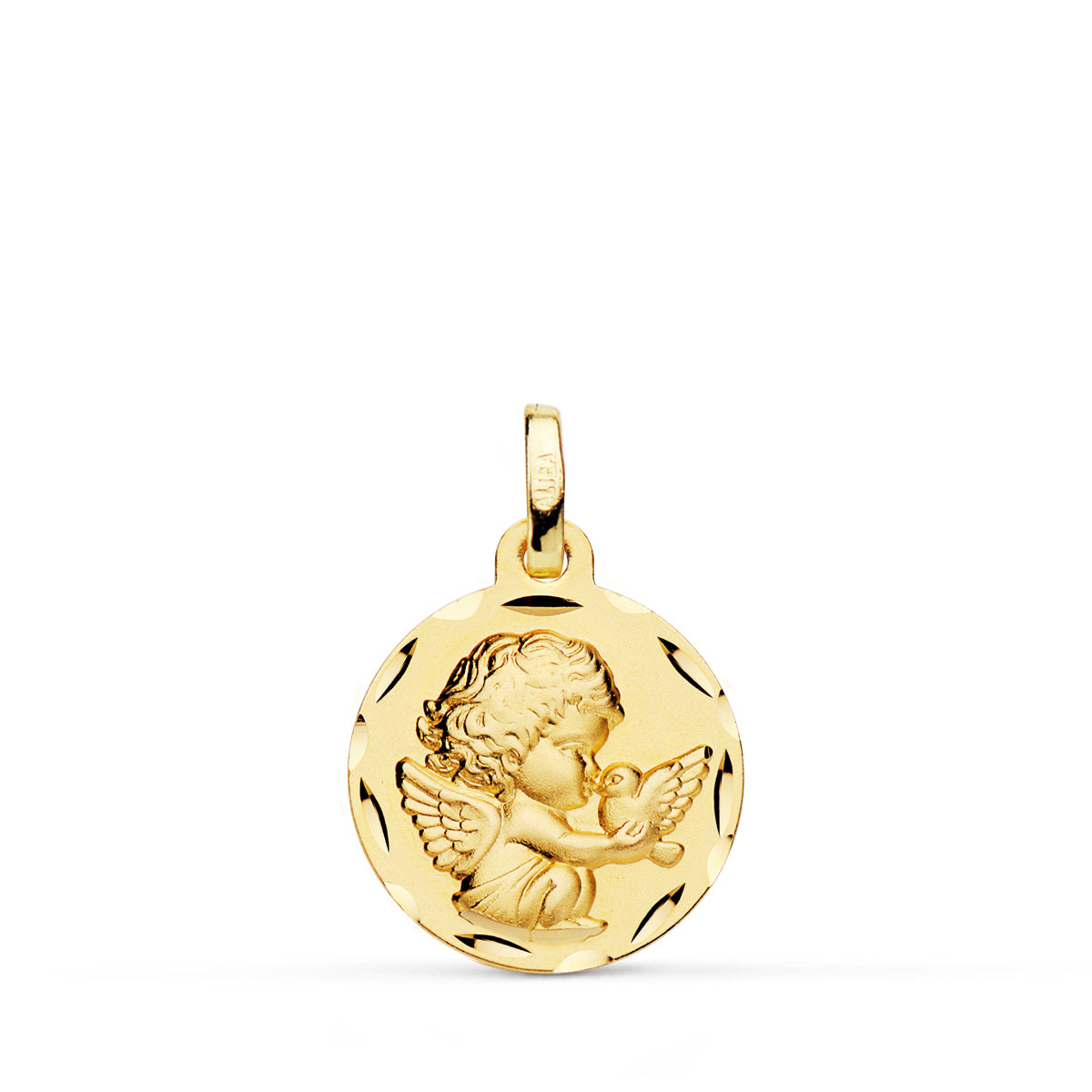Médaille Ange Moqueur en Or Jaune 18K avec Colombe Sculptée 16 mm