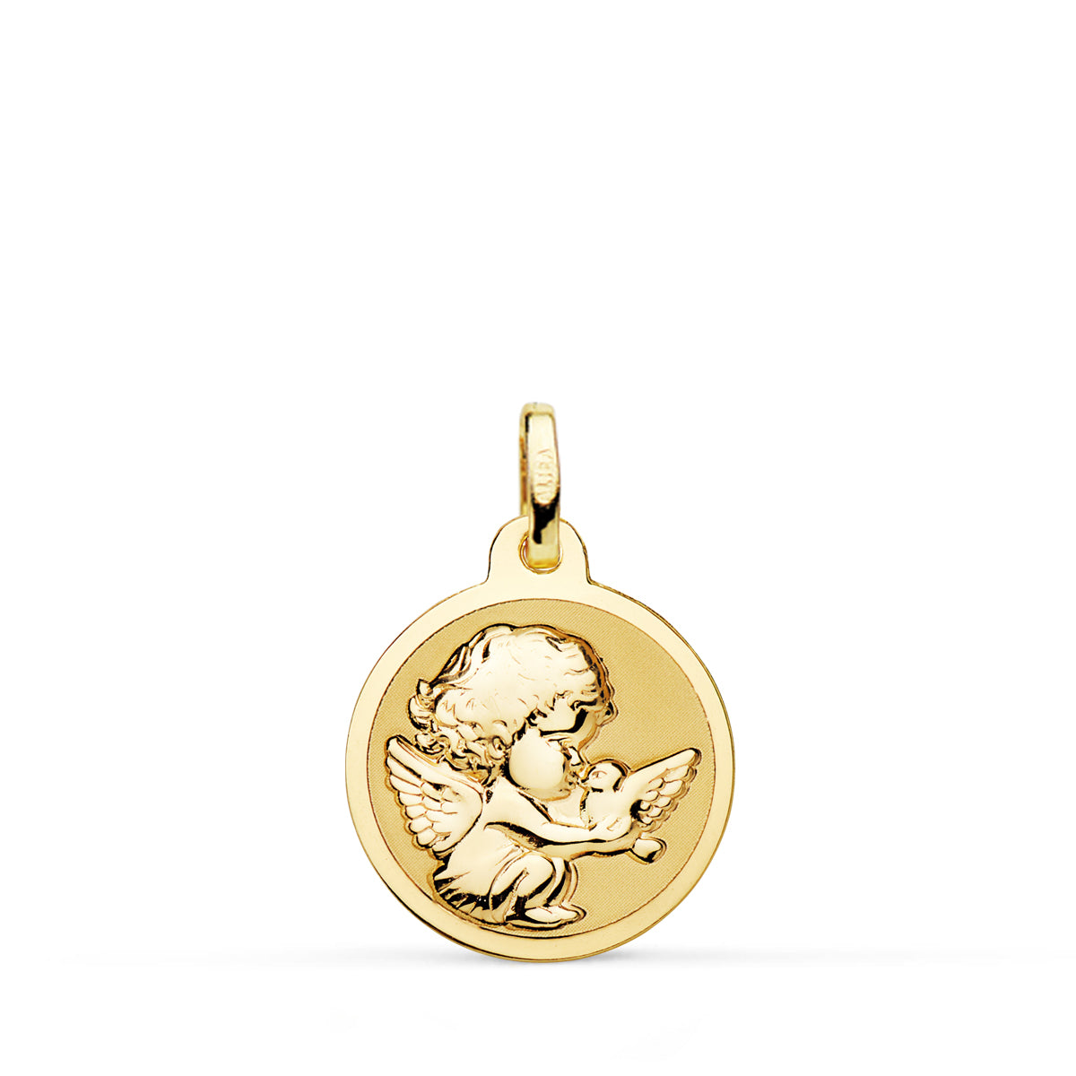 Médaille en Or Jaune 18K Ange Moqueur avec Colombe Brillante 16 mm