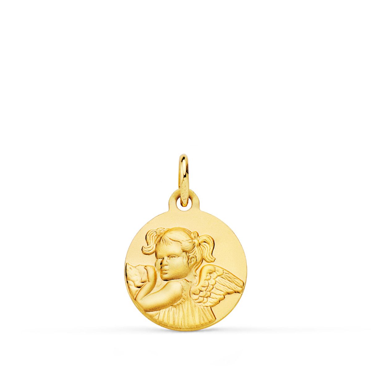 18K Médaille Or Jaune Ange Fille 14 mm Mate