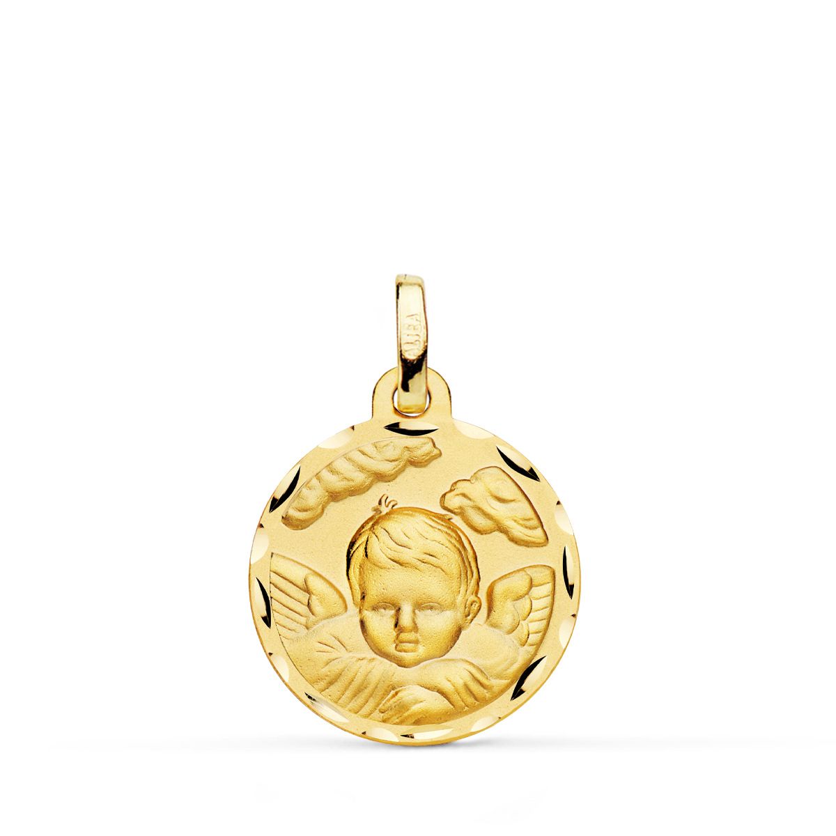 Médaille en Or Jaune 18K Ange Enfant Dans le Nuage Sculpté 18 mm