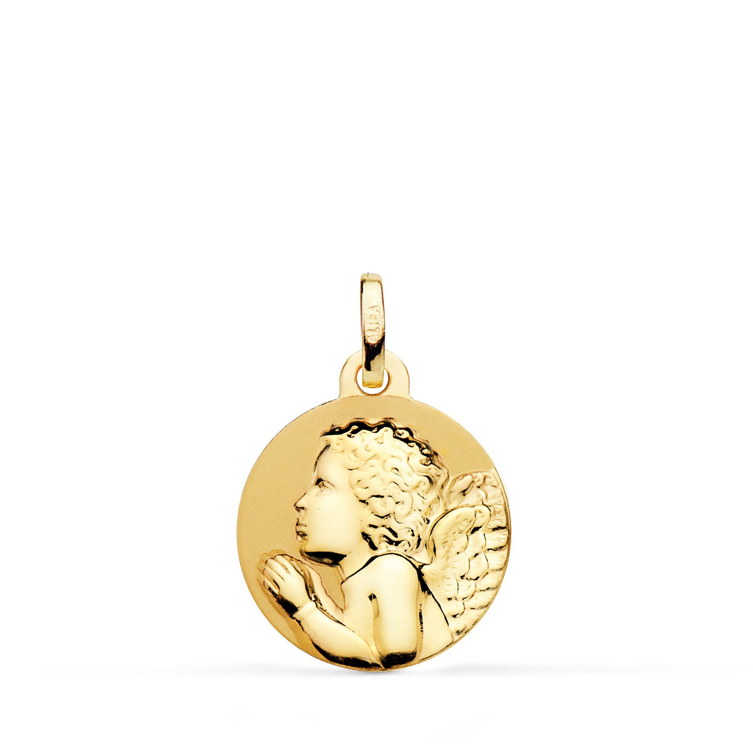 Médaille Or Jaune 18K Ange Pie Enfant Priant Pulie 16 mm