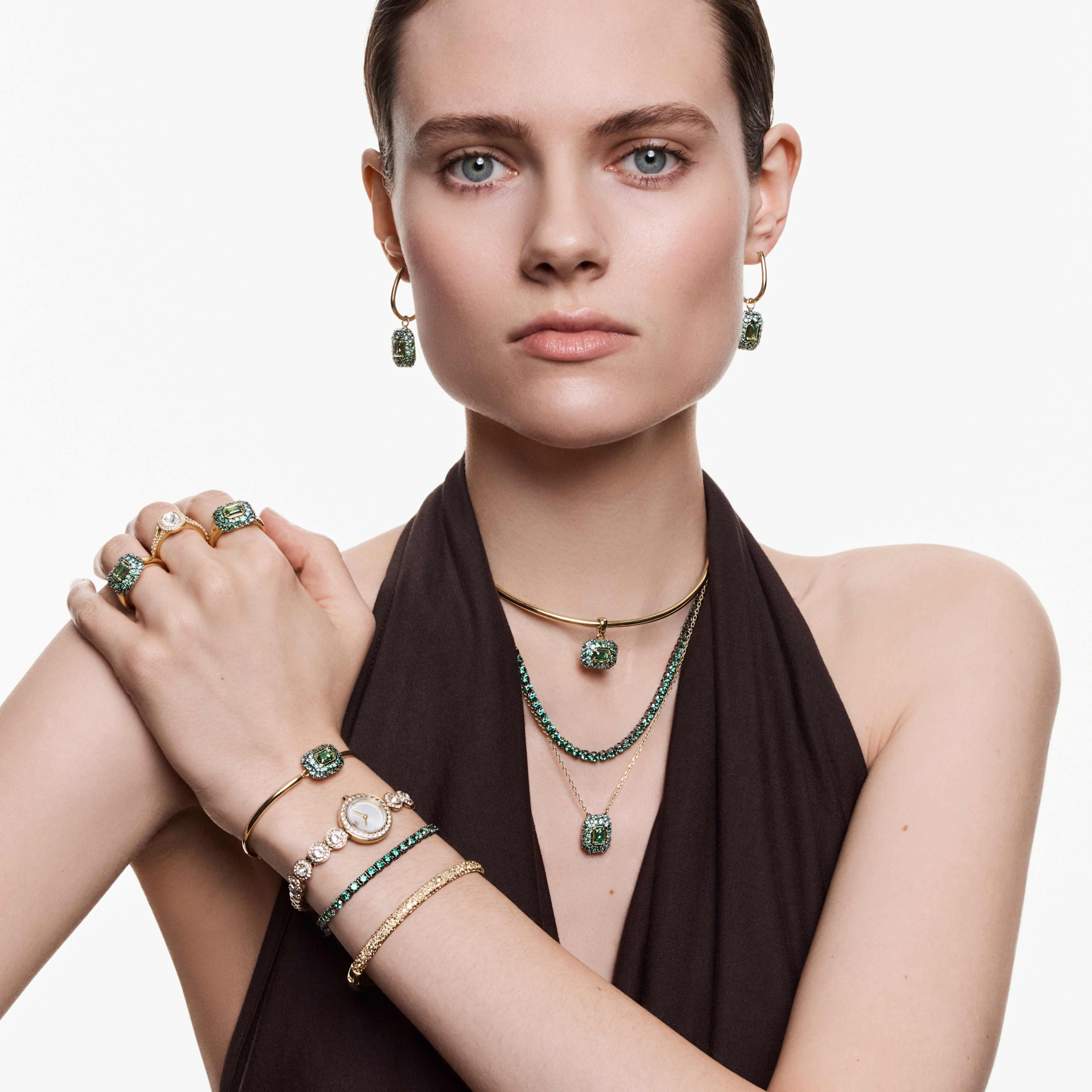 Swarovski náušnice - Sublima Glam - Green & Gold na figuríně