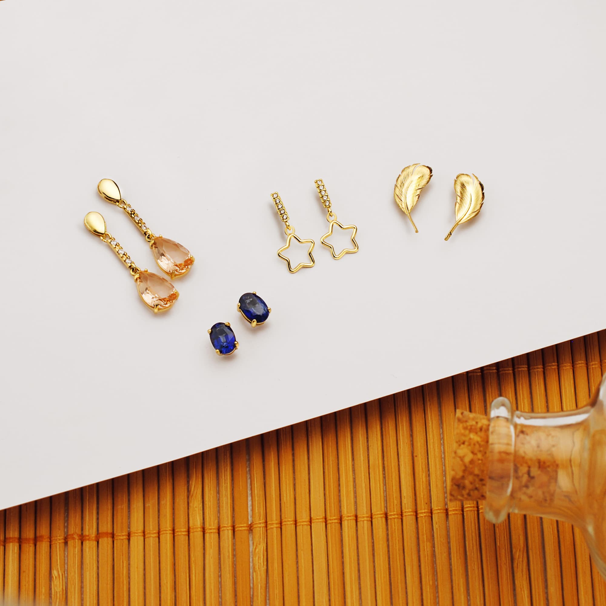 18K gul guld stjerne og zirkon dinglende øreringe 17 X 8 mm