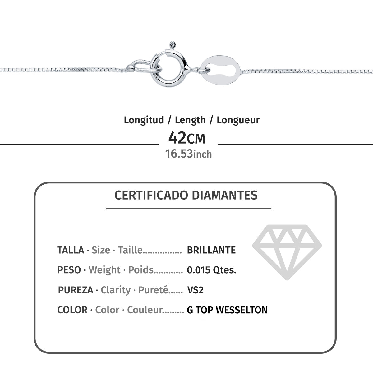 Choker en Or Blanc 18K Chaton 4,85 mm Diamant Lab 1,50MM 0,015 Qts G-VS2 Chaîne 42CM